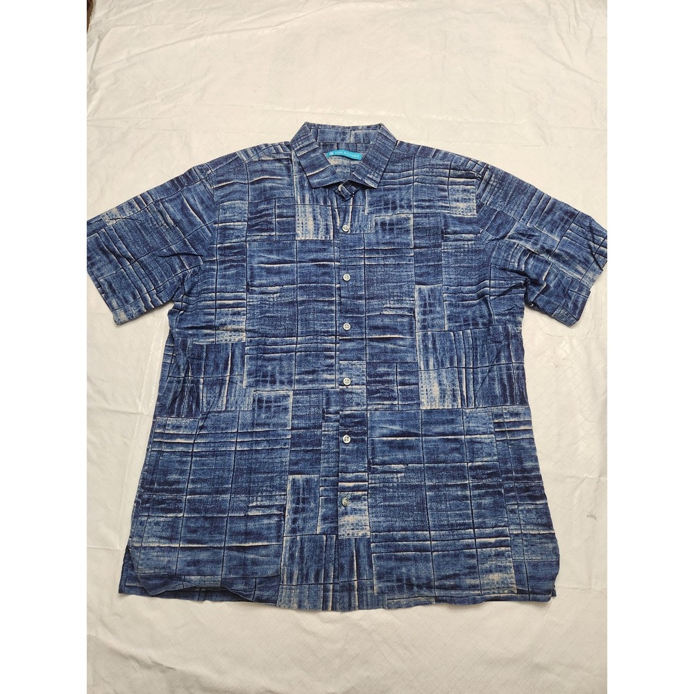 Tori Richard Shirt Mens Large Blue Geometric Hawaiian Short Sleeve Button Up